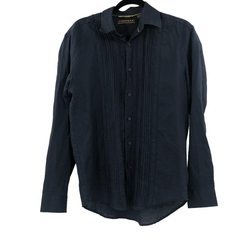 Cubavera Linen Button Up Pleated Bodice Blouse Womens Blue Small Minimalist